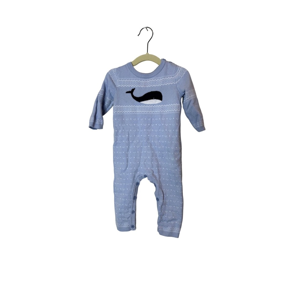 Janie And Jack Romper Baby Boys 6-12 Months Blue Whale Fair Isle Knit One Piece